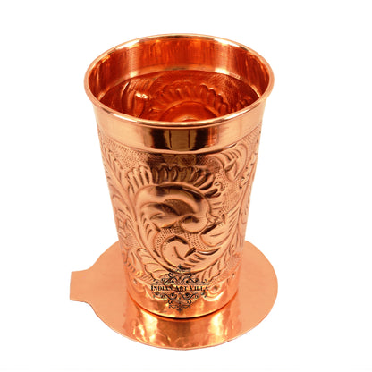 Copper Handmade Engraved Flower Design Glass with Coaster 350 ML