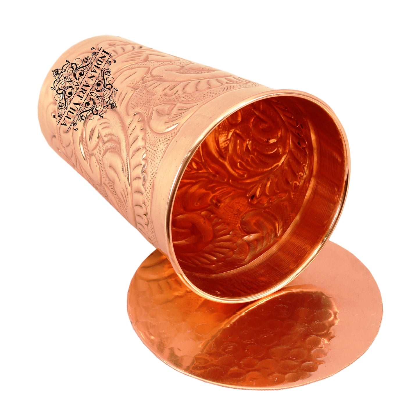 Copper Handmade Engraved Flower Design Glass with Coaster 350 ML