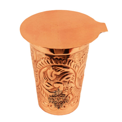 Copper Handmade Engraved Flower Design Glass with Coaster 350 ML