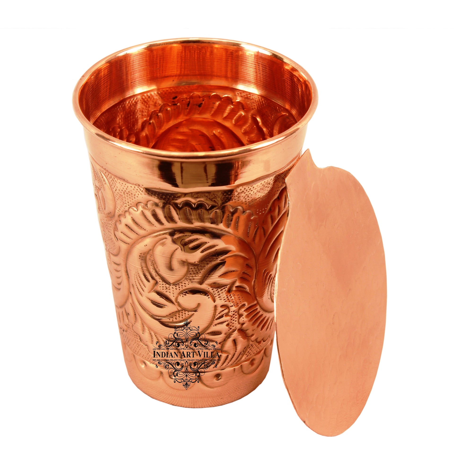 Copper Handmade Engraved Flower Design Glass with Coaster 350 ML