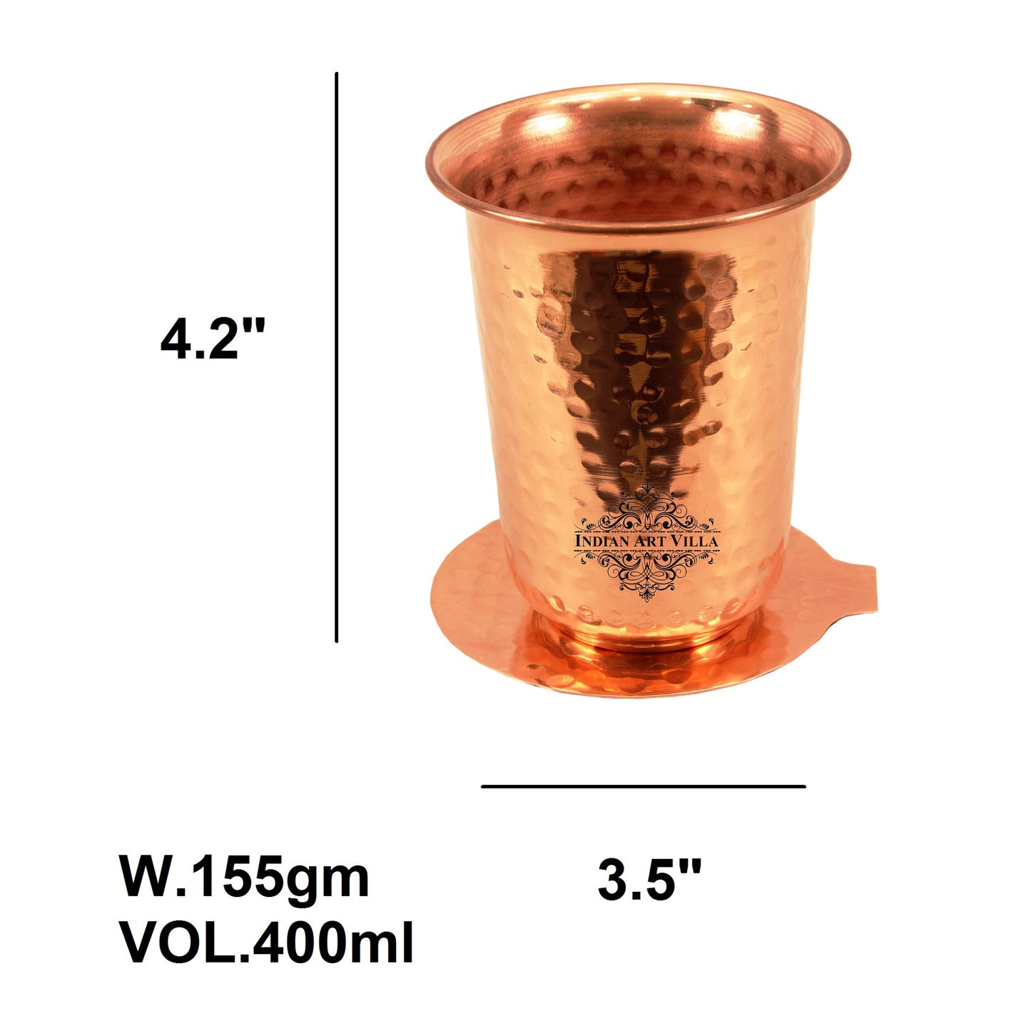 Pure Copper Glass With Hammered Design Tumbler with Coaster 400 ML