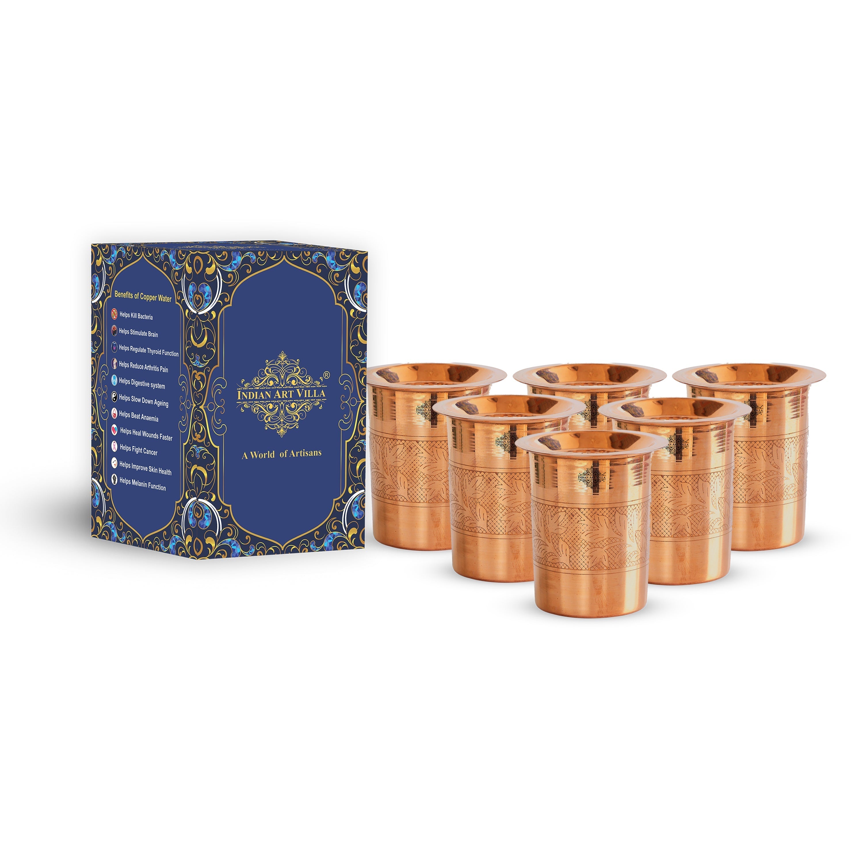 Pure Copper Embossed & Plain Glass with Lid 300ml