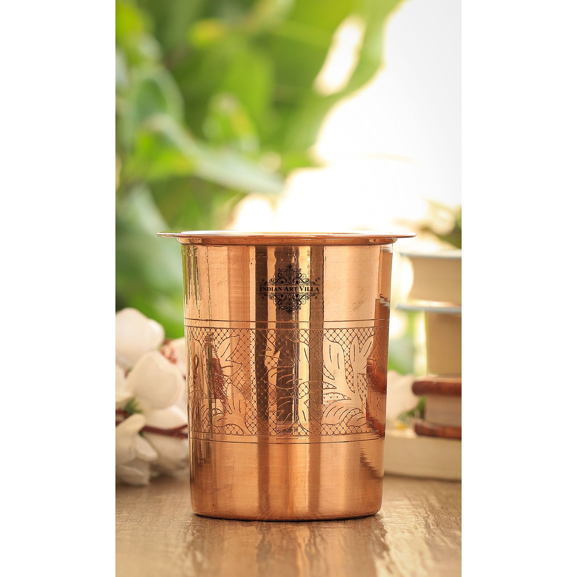 Pure Copper Embossed & Plain Glass with Lid 300ml