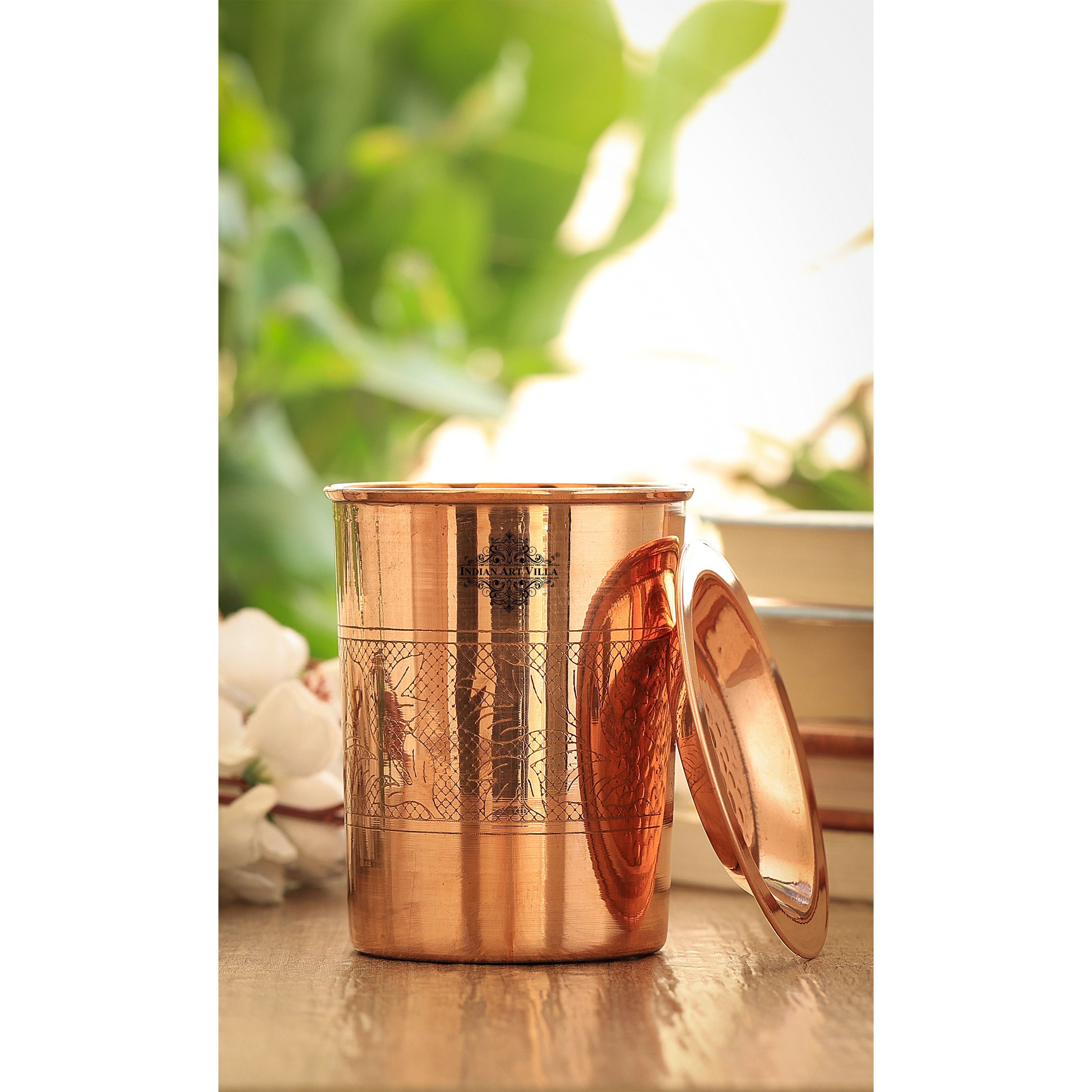 Pure Copper Embossed & Plain Glass with Lid 300ml