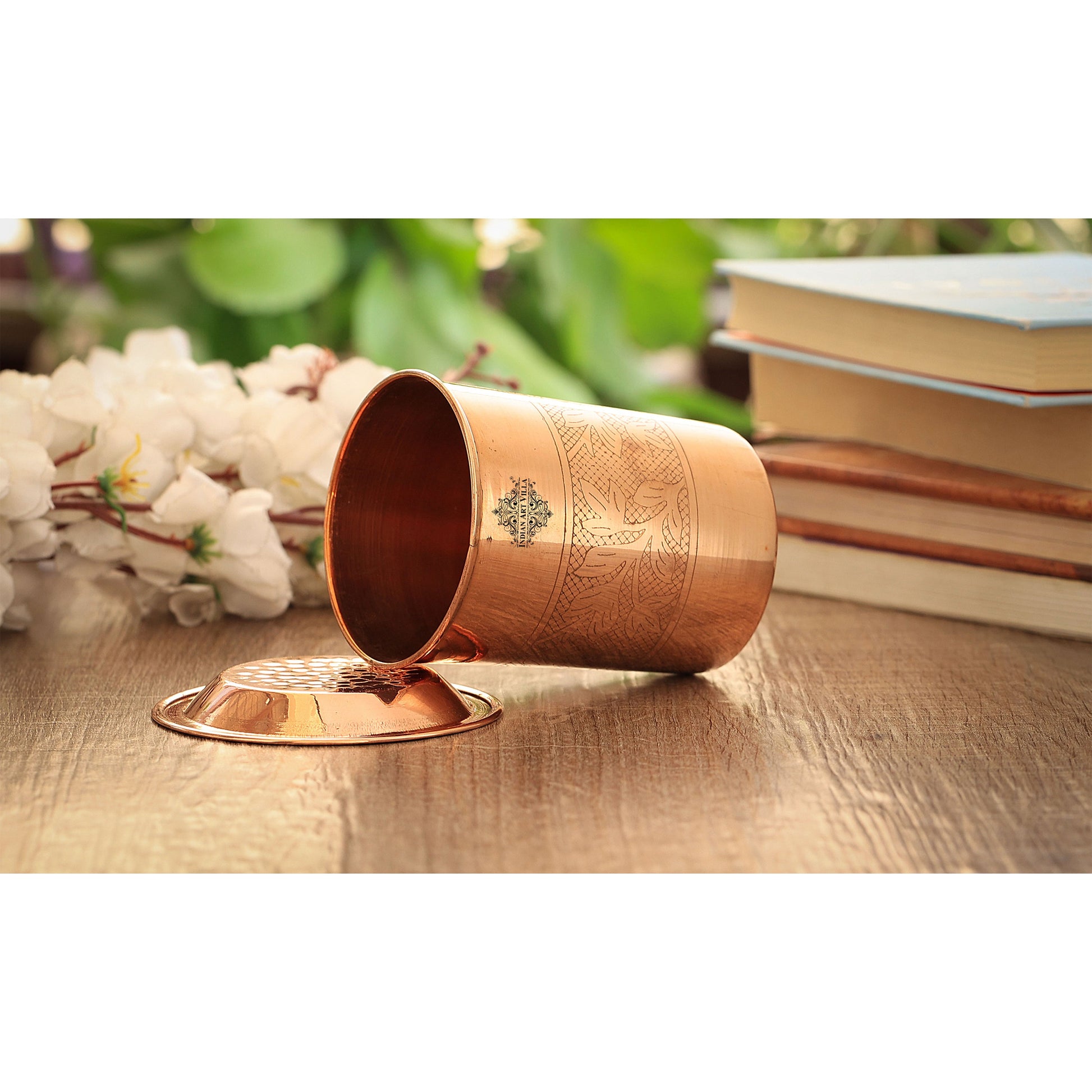 Pure Copper Embossed & Plain Glass with Lid 300ml