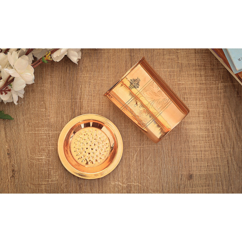 Pure Copper Embossed & Plain Glass with Lid 300ml
