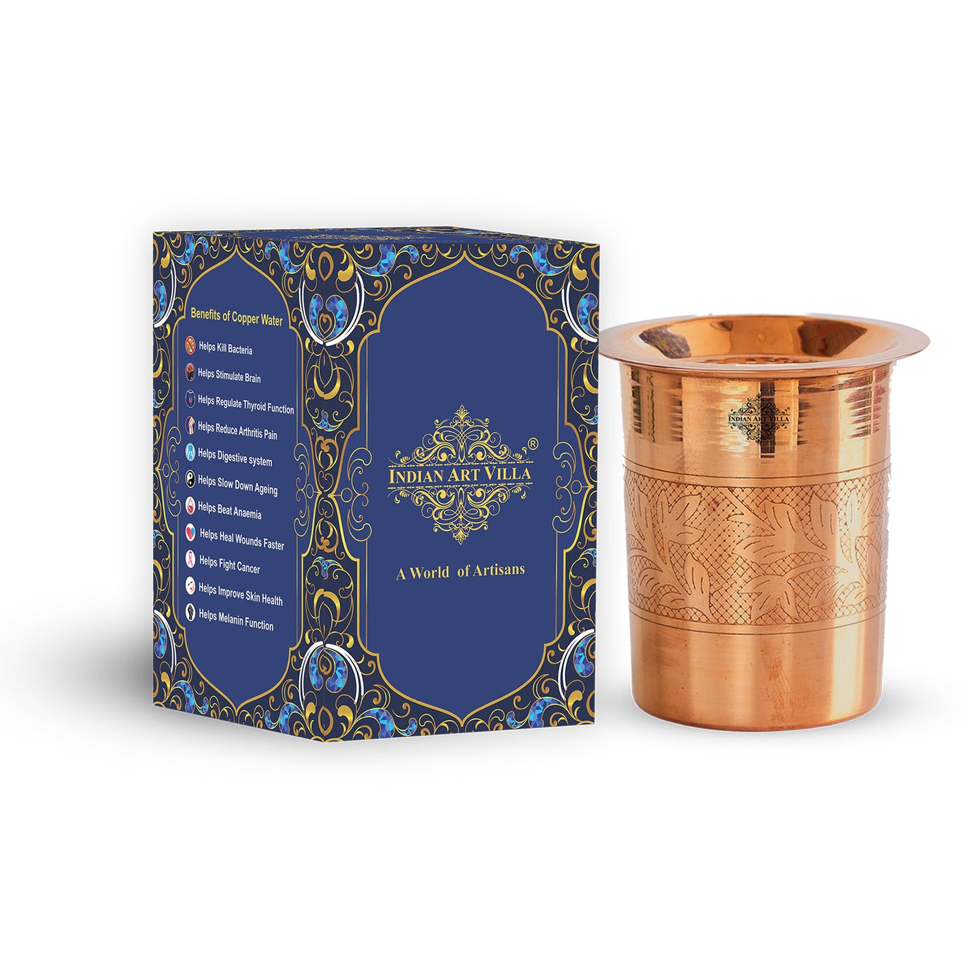 Pure Copper Embossed & Plain Glass with Lid 300ml