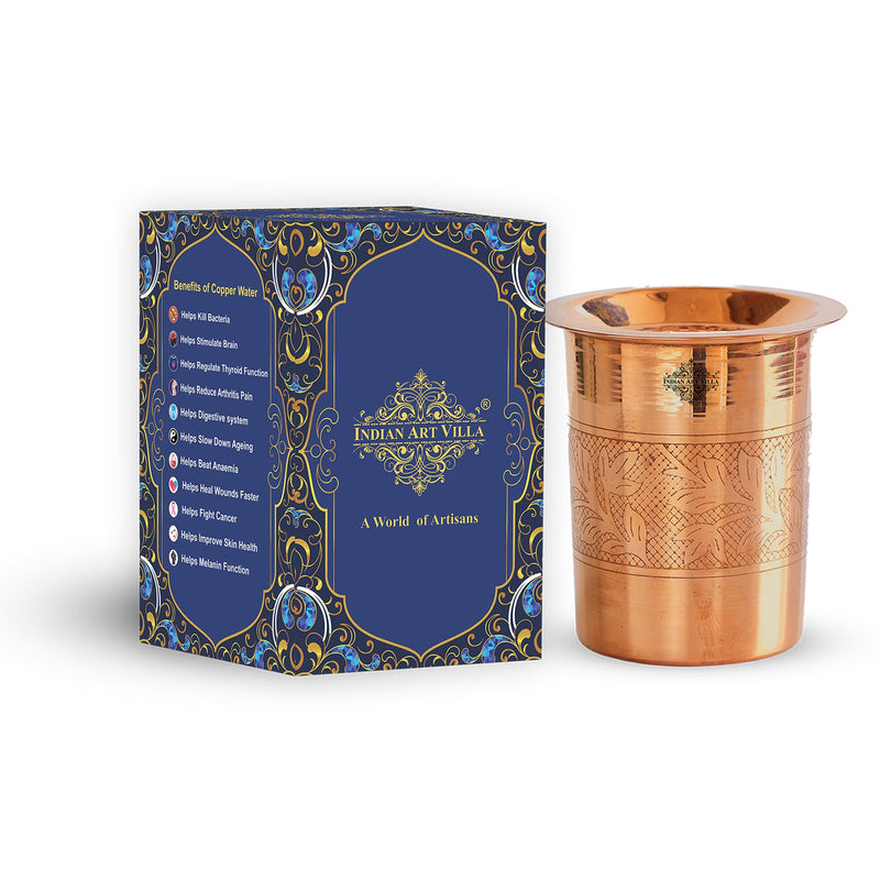 Pure Copper Embossed & Plain Glass with Lid 300ml