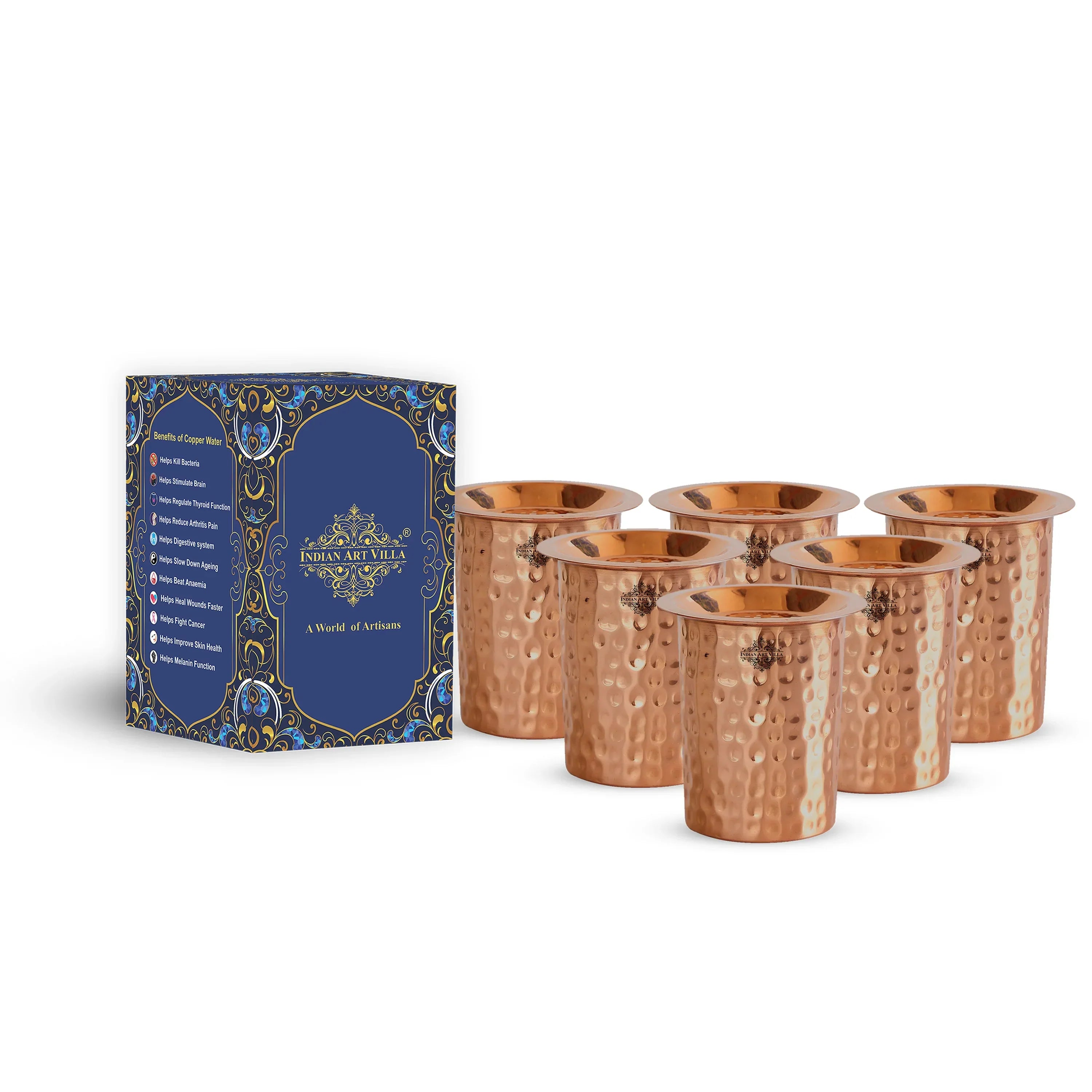 Pure Copper Embossed & Plain Glass with Lid 300ml