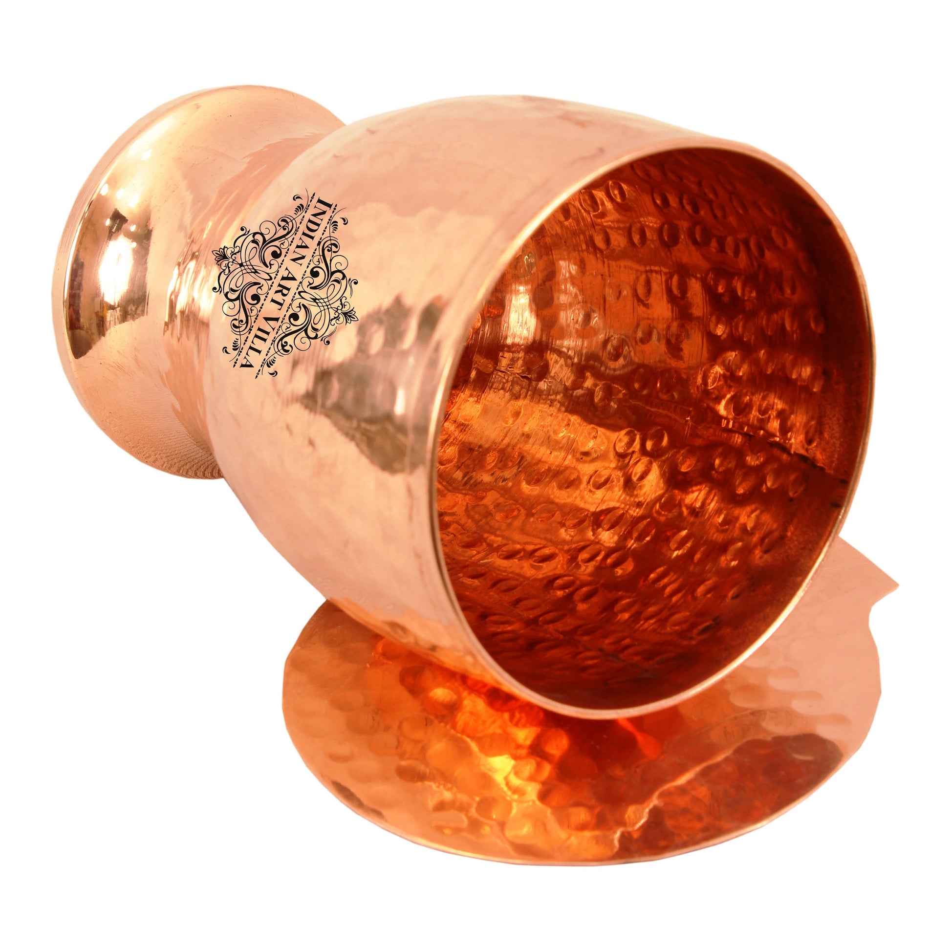 Copper Glass with Lid, Hammered Design, Tumbler with Coaster 350 ML