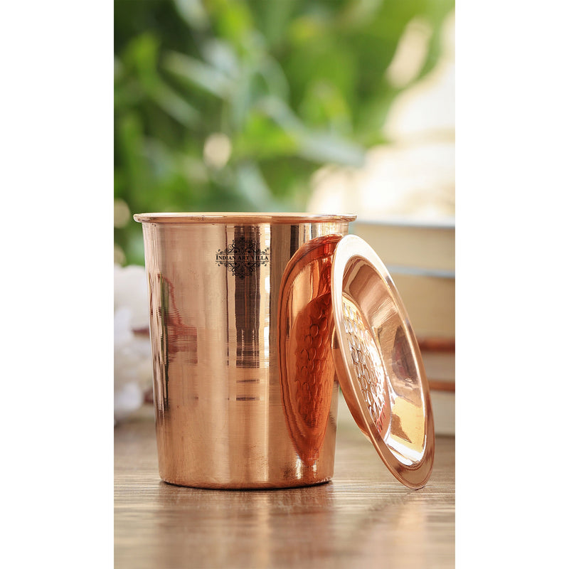 Pure Copper Embossed & Plain Glass with Lid 300ml