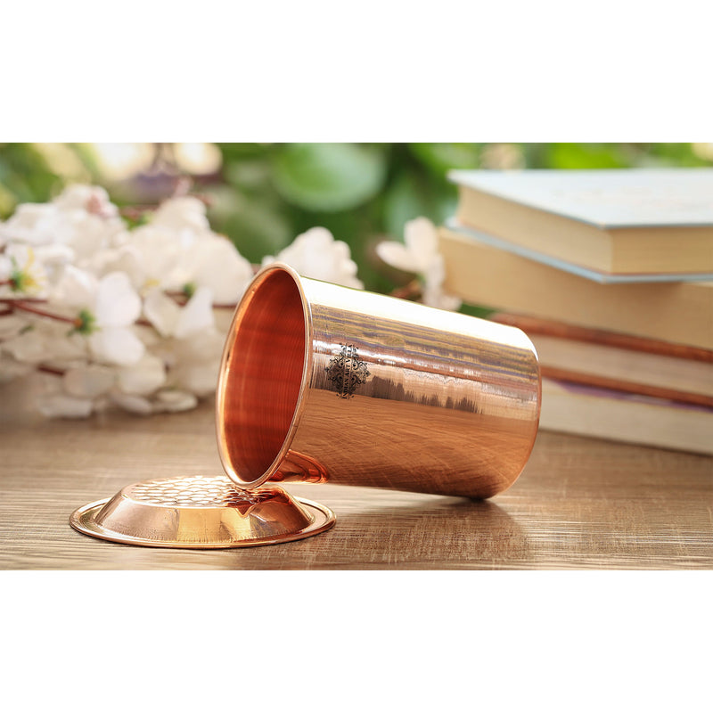 Pure Copper Embossed & Plain Glass with Lid 300ml
