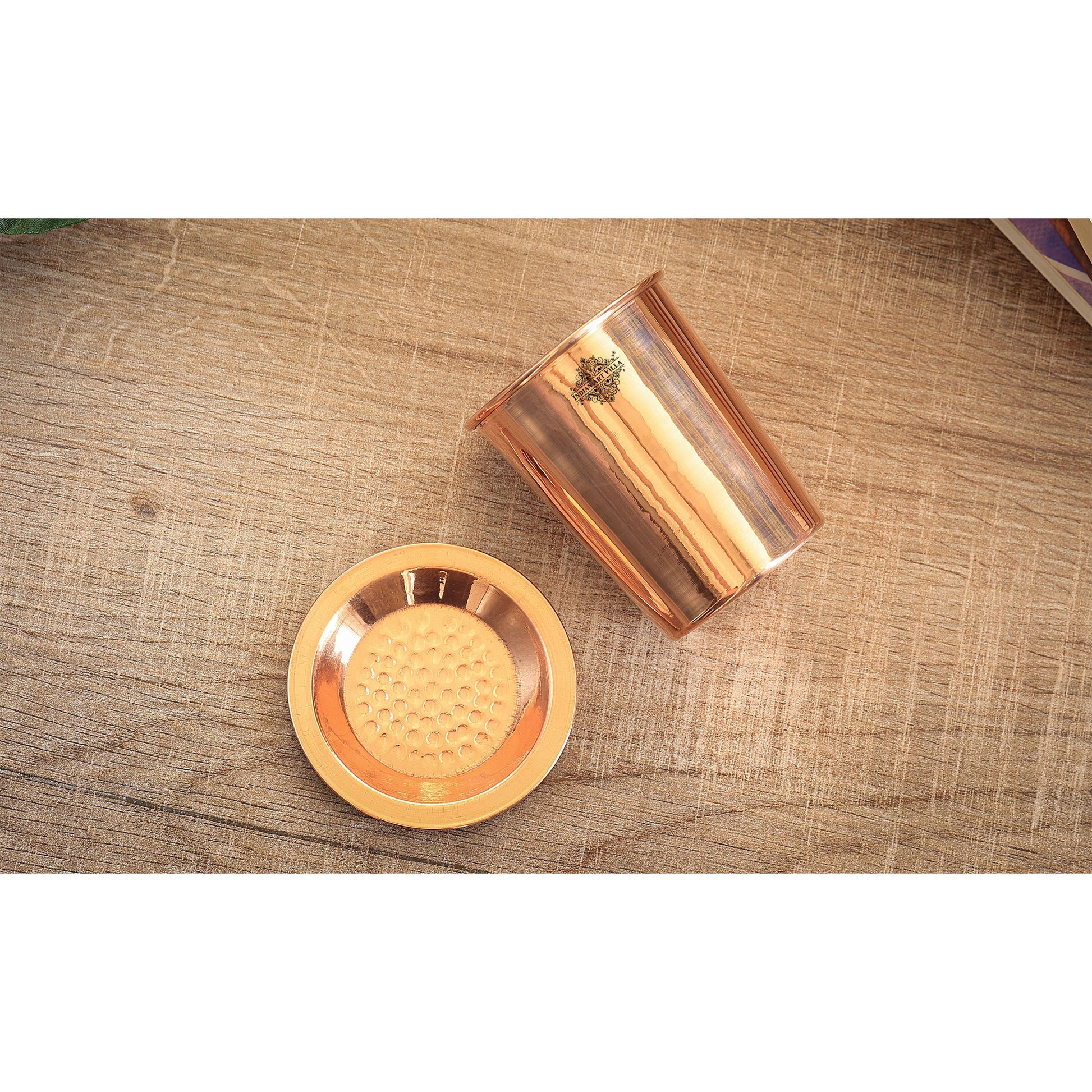 Pure Copper Embossed & Plain Glass with Lid 300ml