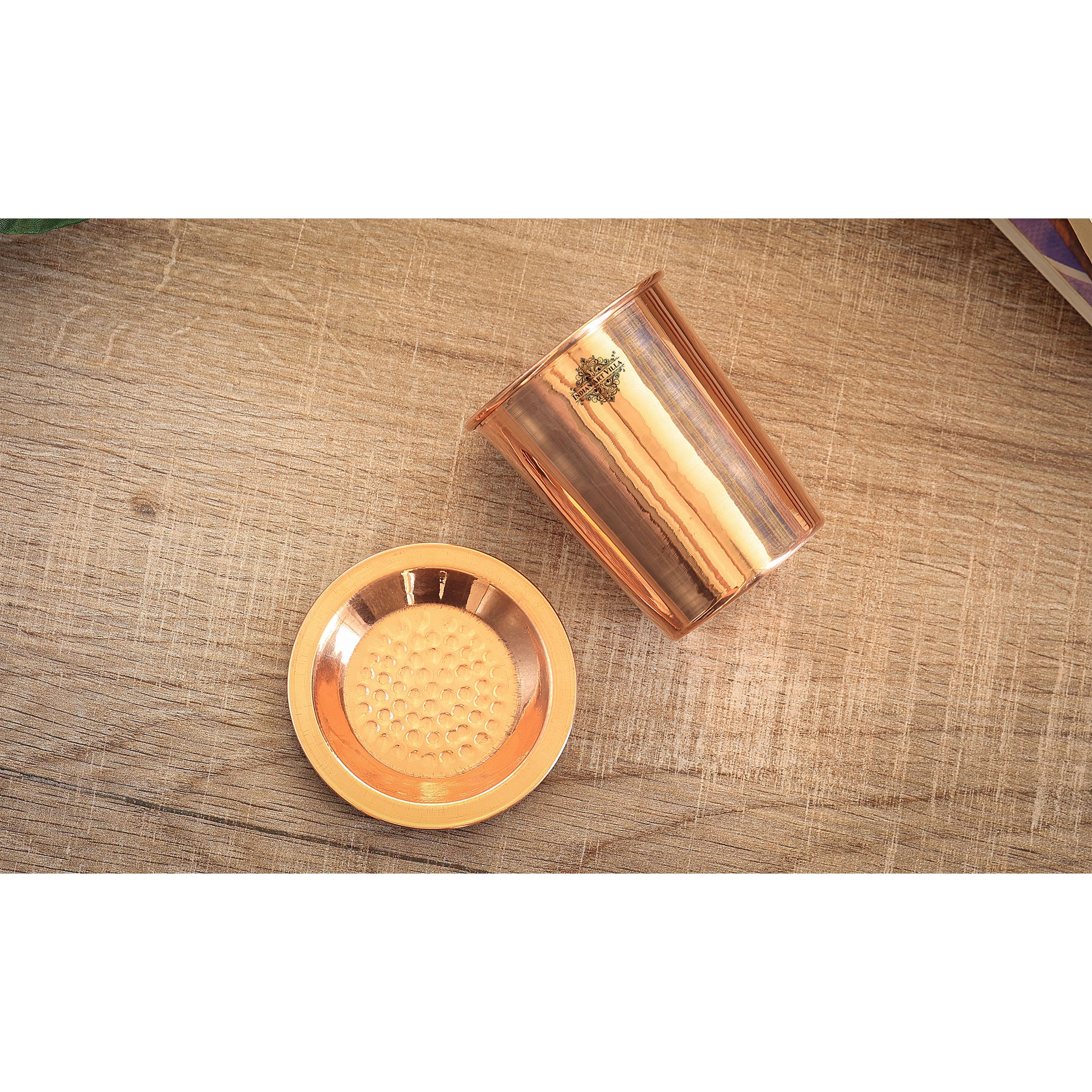 Pure Copper Embossed & Plain Glass with Lid 300ml