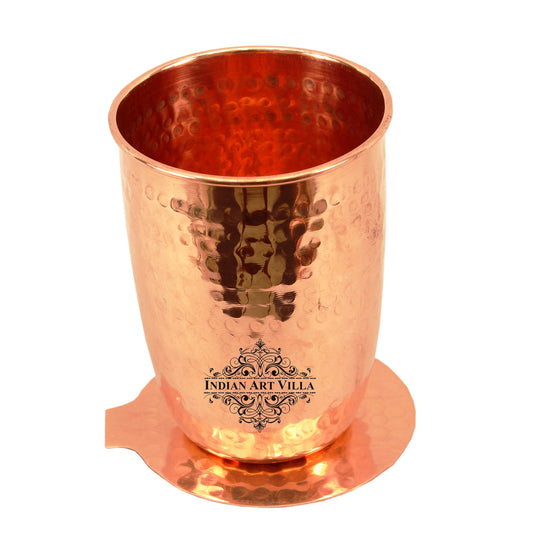 Copper Hammered Design Glass Tumbler with Coaster 275 ML