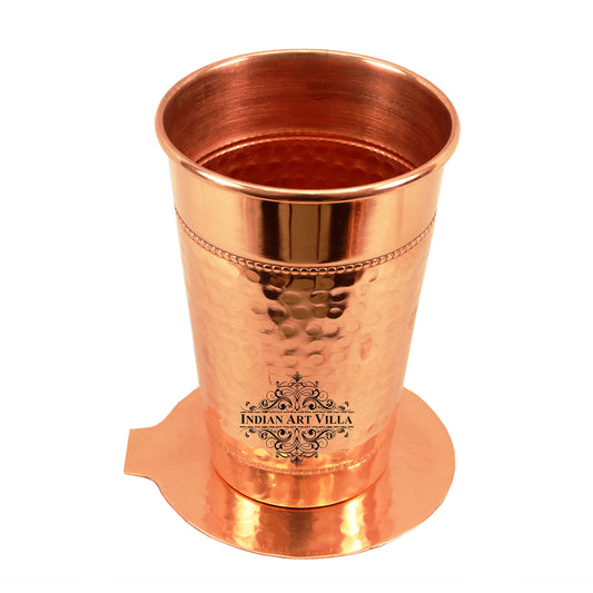 Pure Copper Handmade Big Top Hammered 2 Ring Design Glass Tumbler with Coaster 400 ML