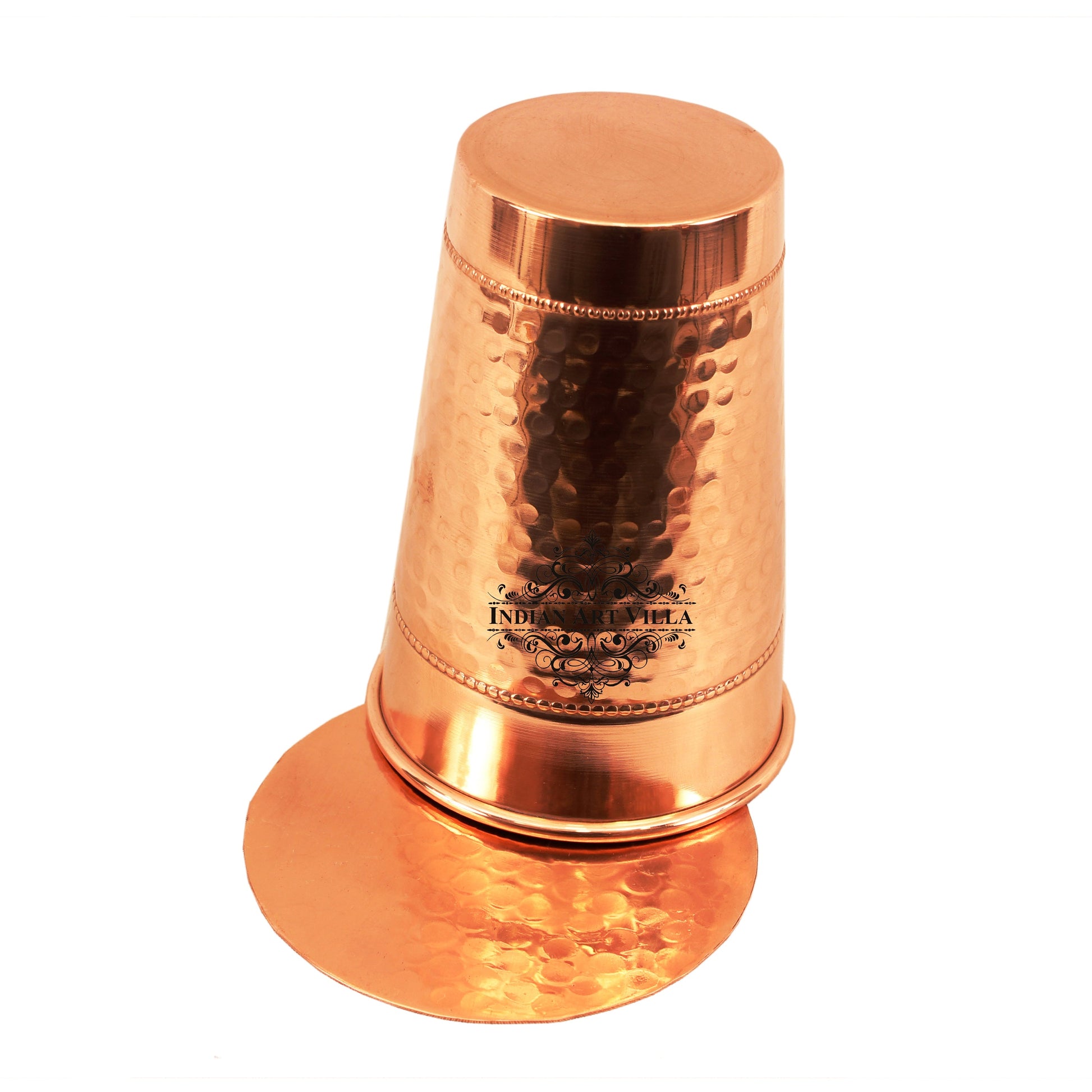 Pure Copper Handmade Big Top Hammered 2 Ring Design Glass Tumbler with Coaster 400 ML