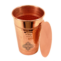 Pure Copper Handmade Big Top Hammered 2 Ring Design Glass Tumbler with Coaster 400 ML