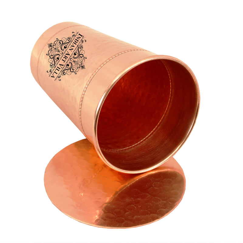 Pure Copper Handmade Big Top Hammered 2 Ring Design Glass Tumbler with Coaster 400 ML