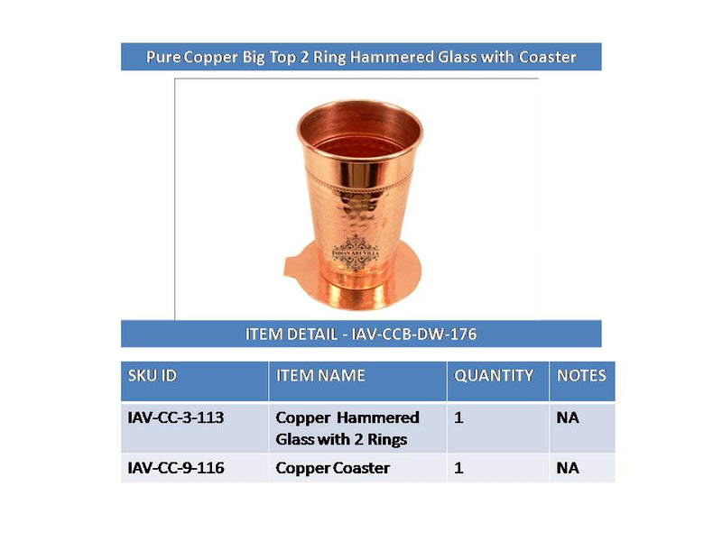 Pure Copper Handmade Big Top Hammered 2 Ring Design Glass Tumbler with Coaster 400 ML