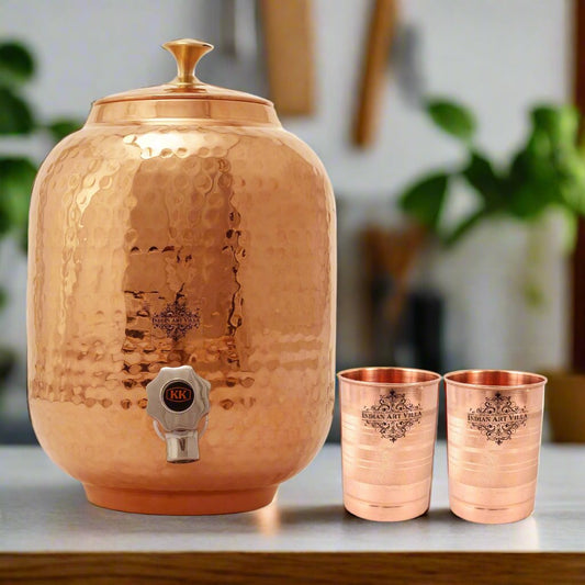 Pure Copper Water Dispenser Container With 2 Glass Tumbler