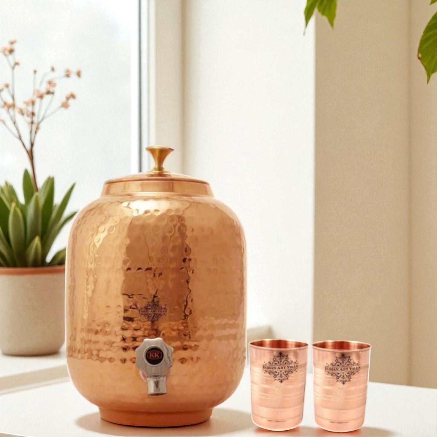 Pure Copper Water Dispenser Container With 2 Glass Tumbler