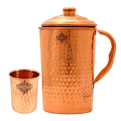 Set of Pure Copper Hammered Jug Pitcher with Glass Tumbler Cup - Storage Water Home Hotel Restaurant Good Health Benefit Yoga