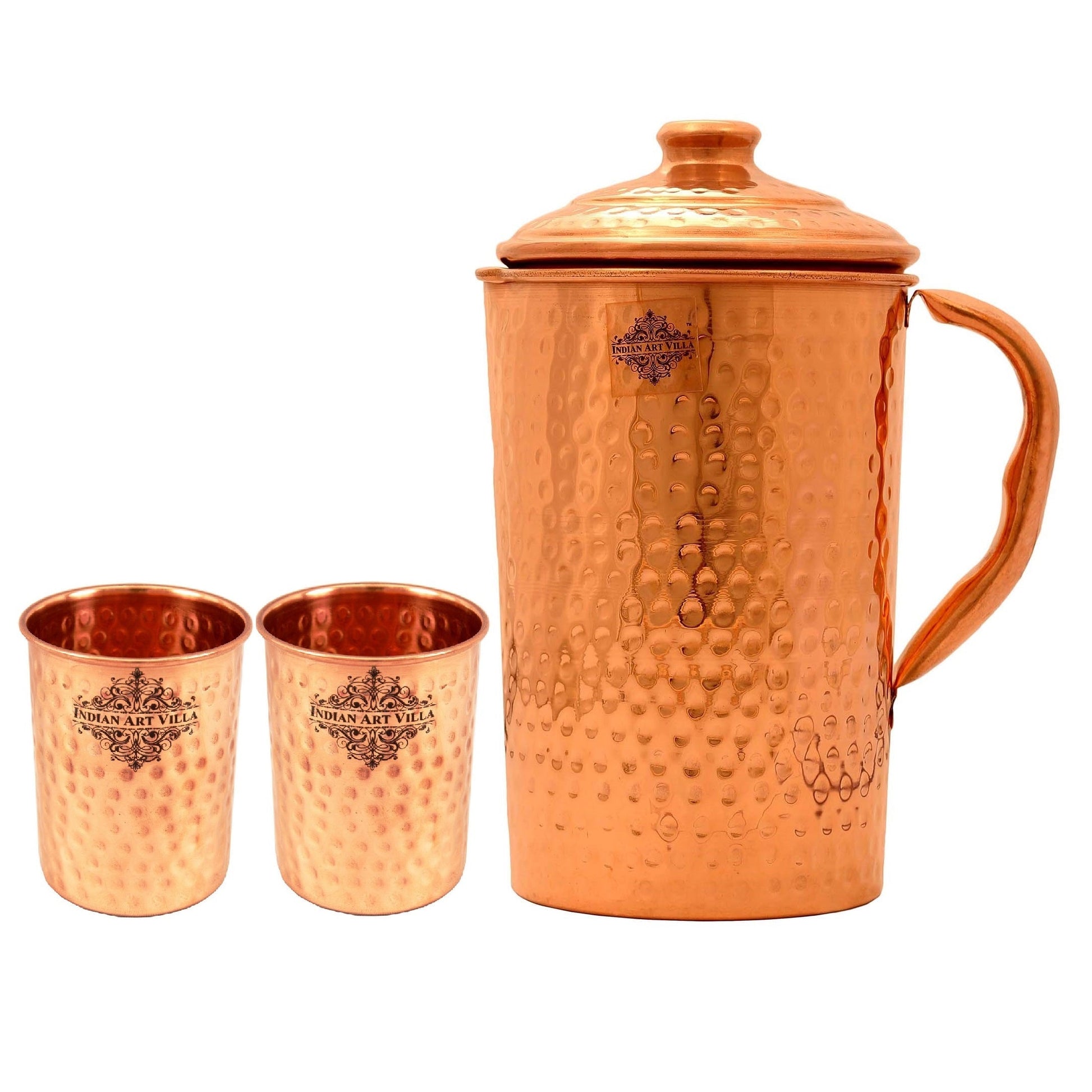 Set of Pure Copper Hammered Jug Pitcher with Glass Tumbler Cup - Storage Water Home Hotel Restaurant Good Health Benefit Yoga