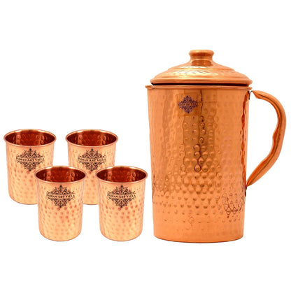 Set of Pure Copper Hammered Jug Pitcher with Glass Tumbler Cup - Storage Water Home Hotel Restaurant Good Health Benefit Yoga