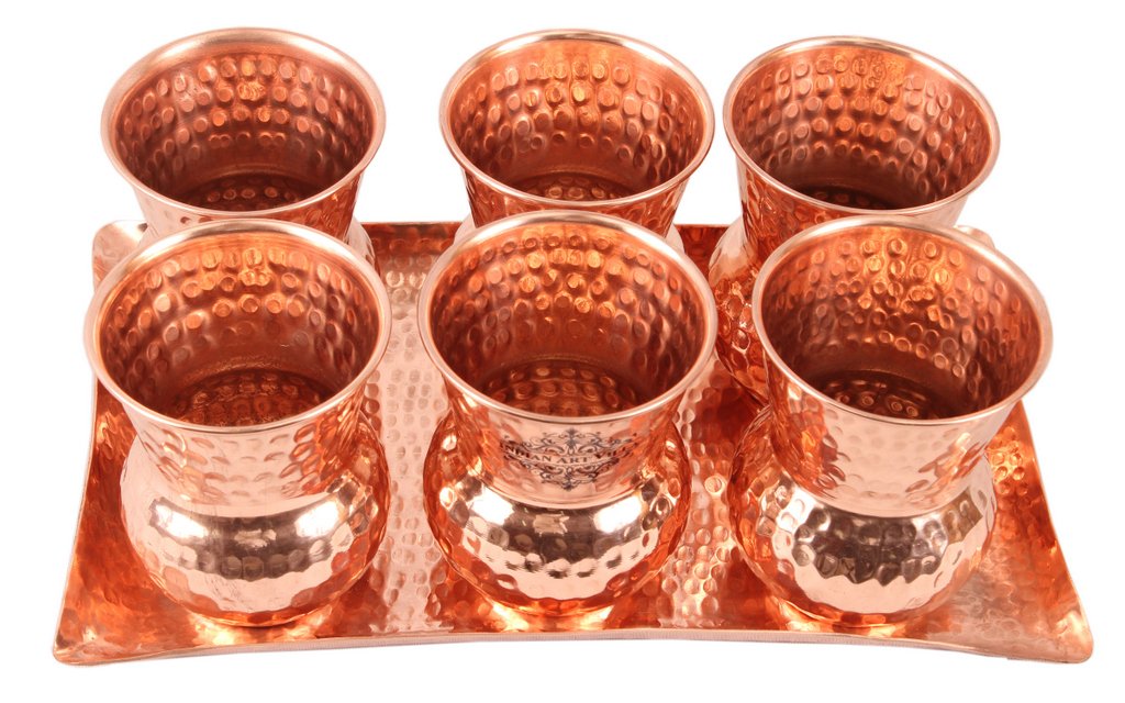 Copper Hammered Rectangular Tray with 6 Mathat Glasses