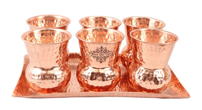 Copper Hammered Rectangular Tray with 6 Mathat Glasses