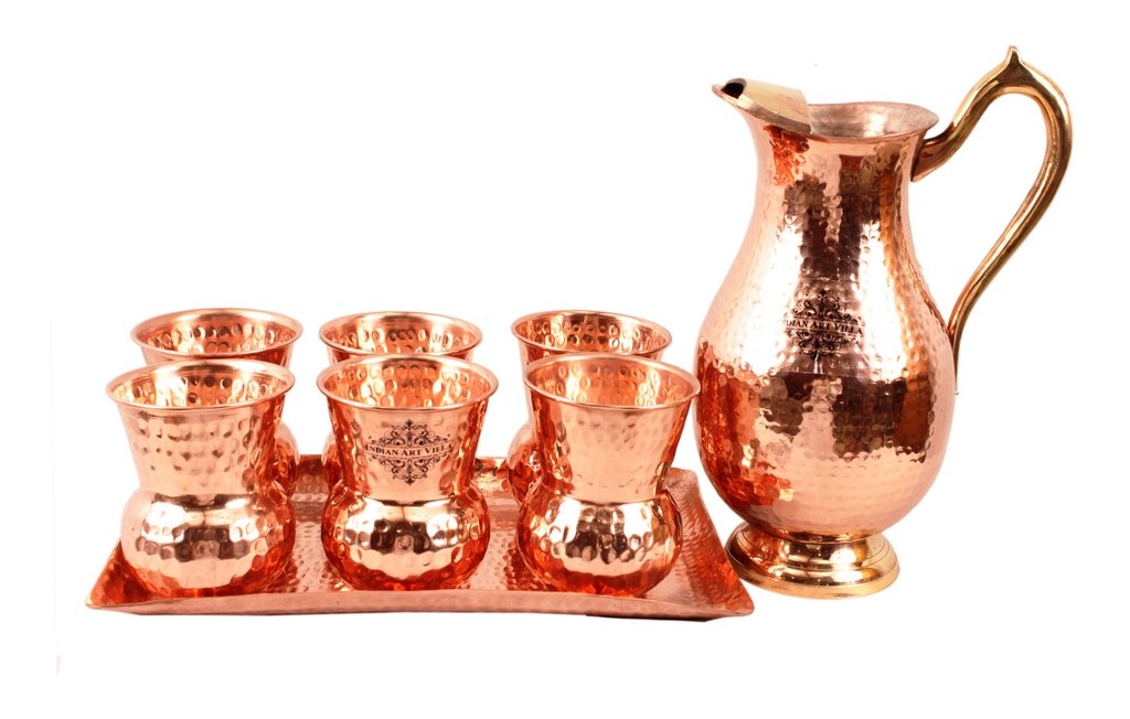 Handmade Pure Copper Nickel Hammered Jug with Copper 6 Glass & 1 Tray