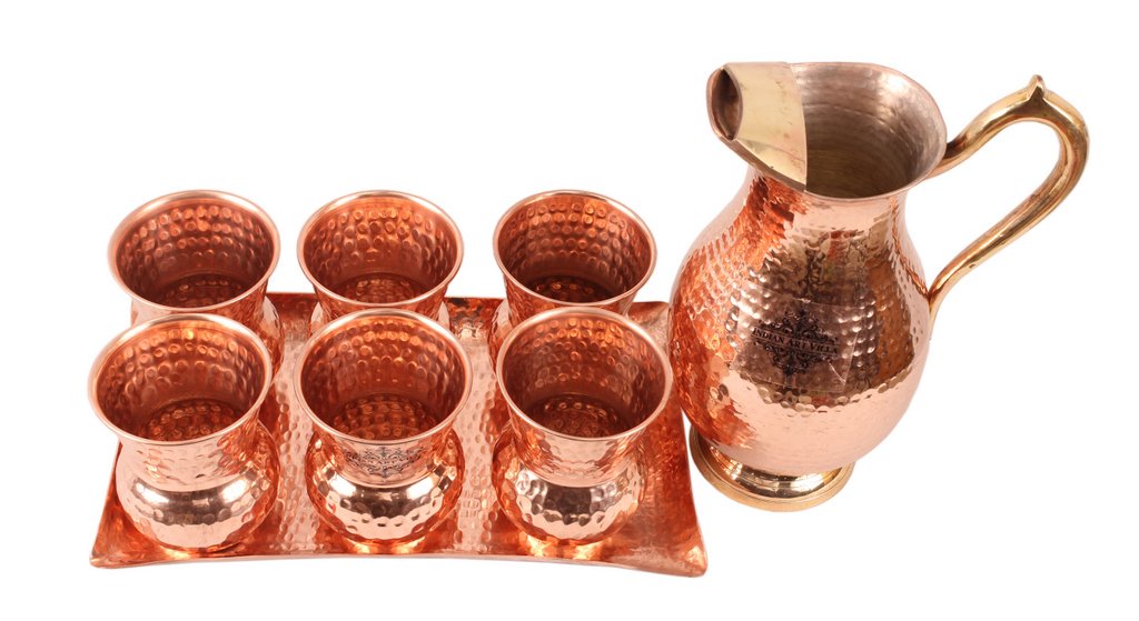 Handmade Pure Copper Nickel Hammered Jug with Copper 6 Glass & 1 Tray