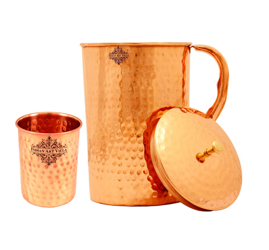 Copper Hammered Set of 1 Jug Pitcher 2100 ML with 1 Glass 250 ML - Storage Drinking Water Home Hotel Restaurant Tableware Drinkware