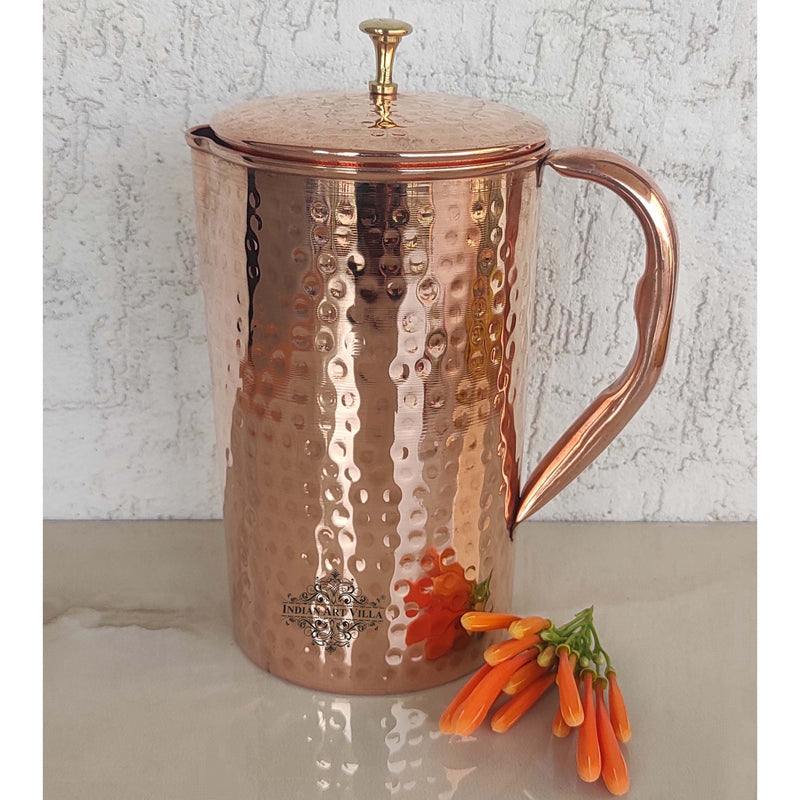 Copper Hammered Set of 1 Jug Pitcher 2100 ML with 1 Glass 250 ML - Storage Drinking Water Home Hotel Restaurant Tableware Drinkware