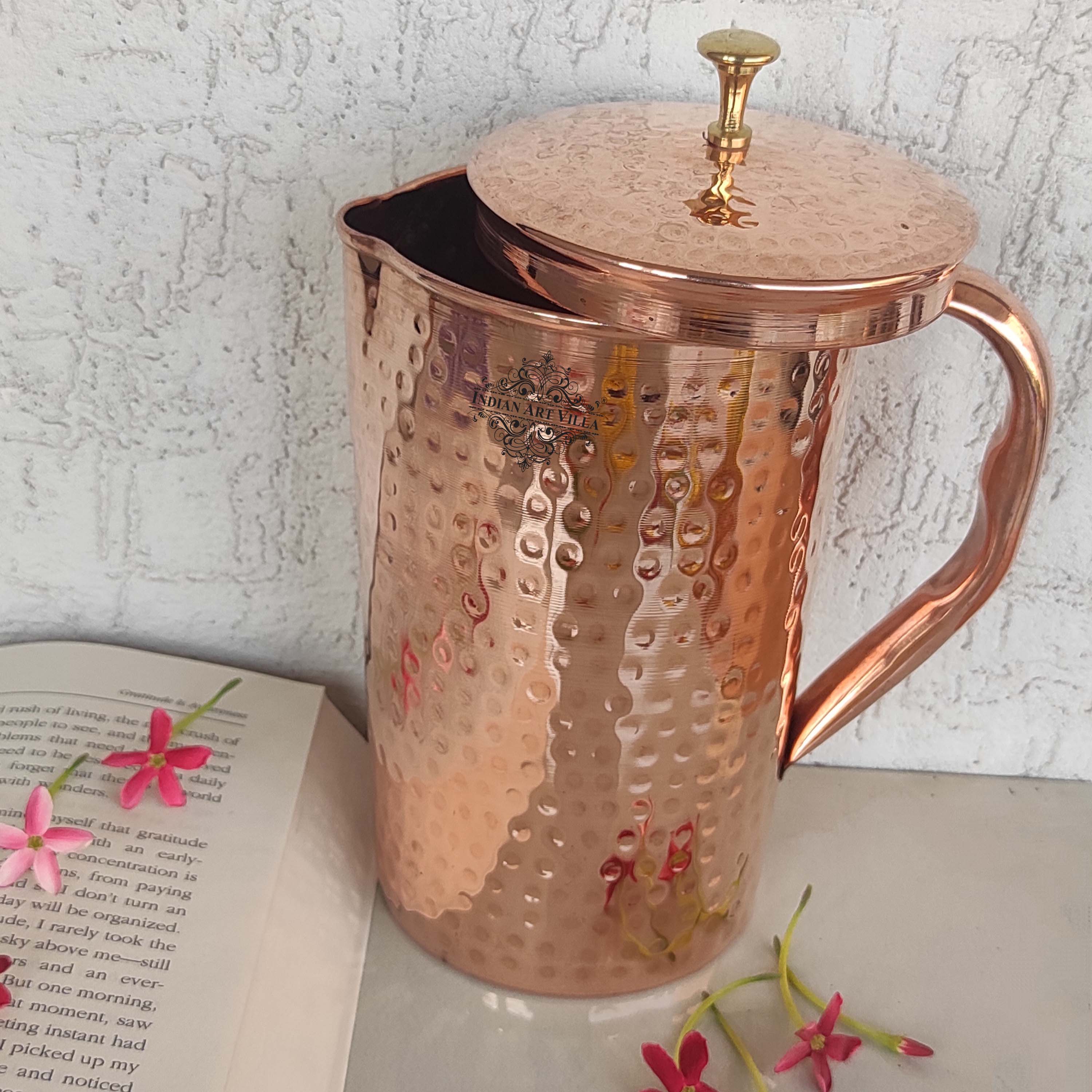 Copper Hammered Set of 1 Jug Pitcher 2100 ML with 1 Glass 250 ML - Storage Drinking Water Home Hotel Restaurant Tableware Drinkware