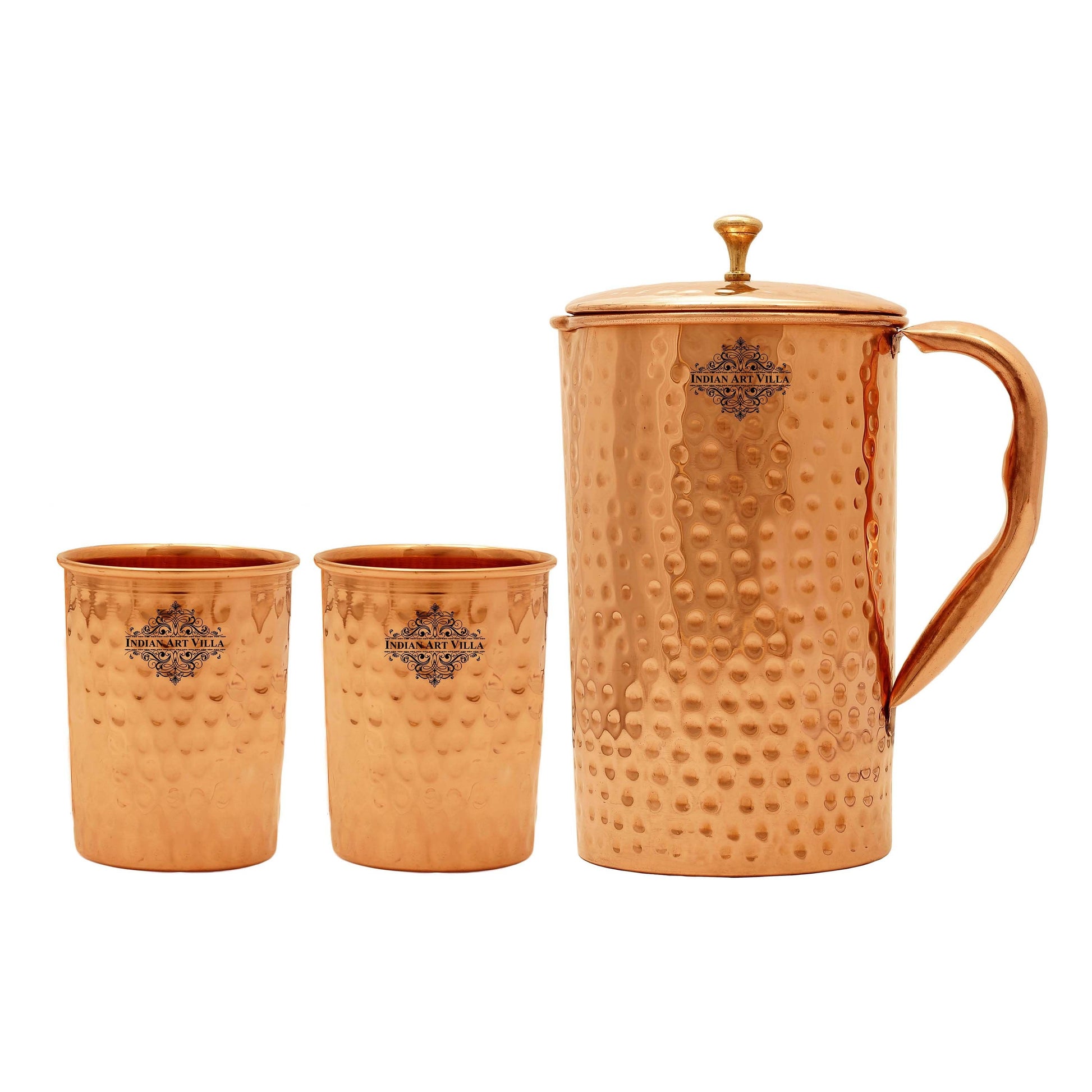 Pure Copper Hammered Design Jug| Pitcher with 2 Glass| Tumbler, Storage Drinking Water, Tableware, Drinkware For Home, Hotel, Restaurant