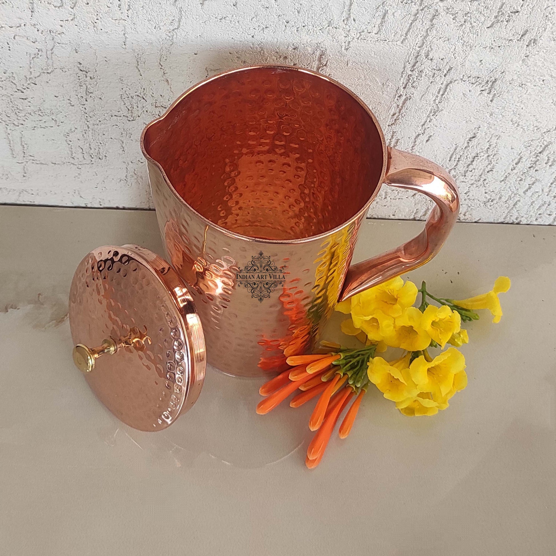 Pure Copper Hammered Design Jug| Pitcher with 2 Glass| Tumbler, Storage Drinking Water, Tableware, Drinkware For Home, Hotel, Restaurant