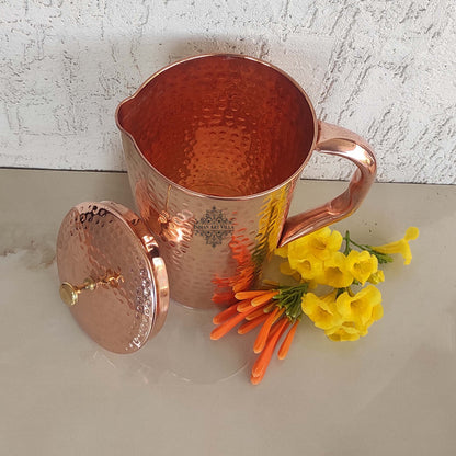 Pure Copper Hammered Design Jug| Pitcher with 2 Glass| Tumbler, Storage Drinking Water, Tableware, Drinkware For Home, Hotel, Restaurant