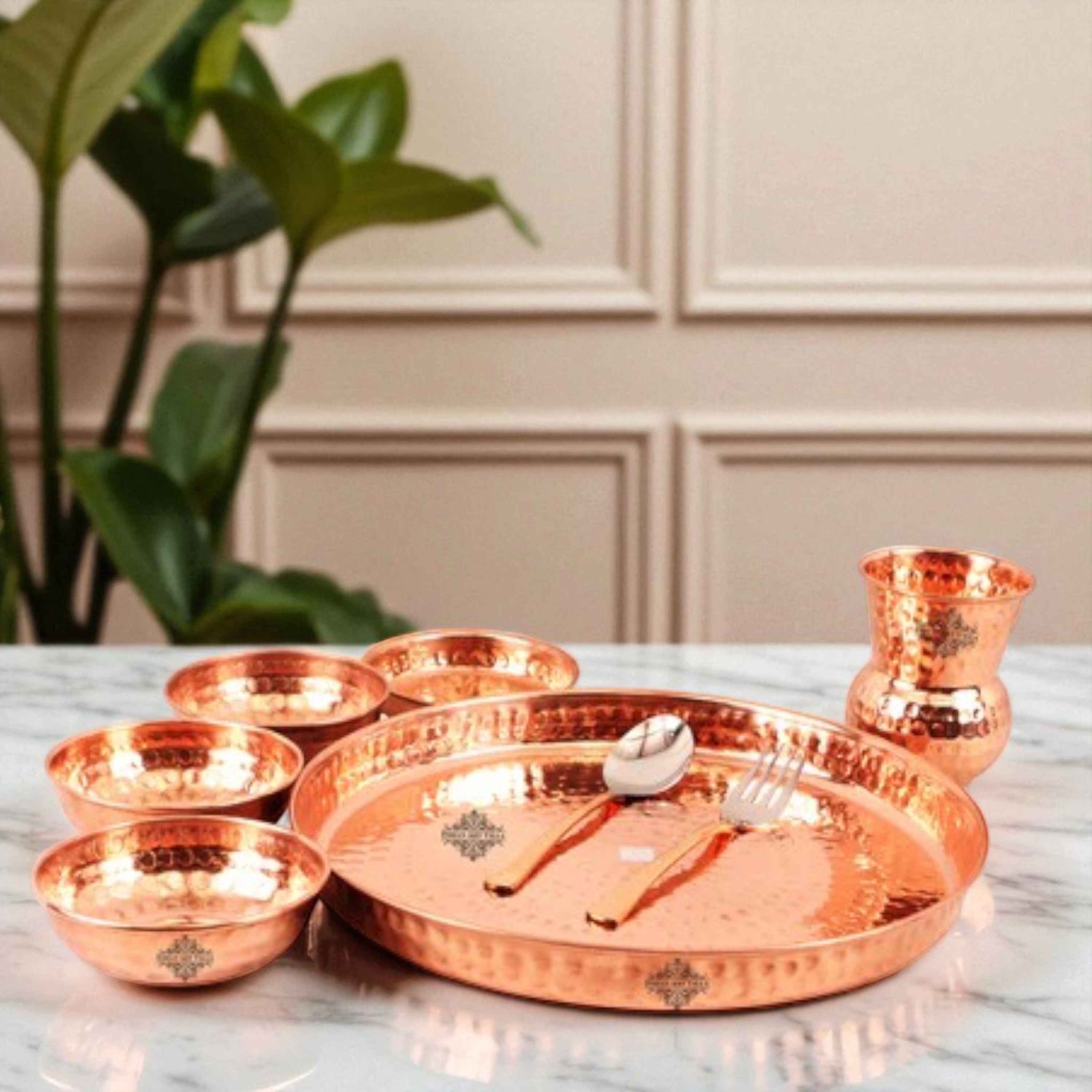 Handcrafted Pure Copper Hammered Traditional Design Thali Dinner Thali Set, 8 Pieces Set