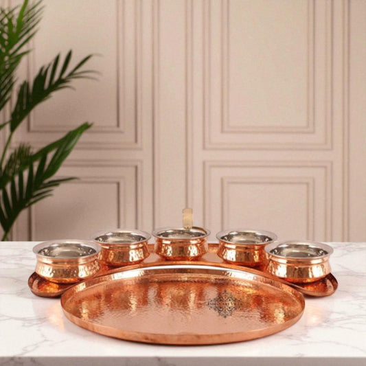 Handmade Pure Copper Maharaja Style Full Moon Tray Plate with 5 Serving Sauce Pots