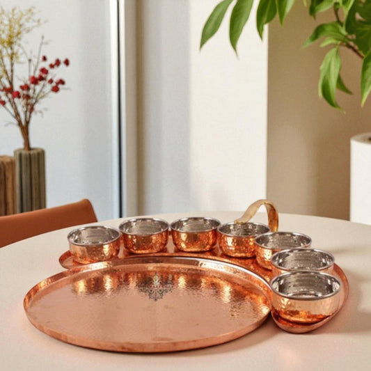 Pure Copper Maharaja Style Full Moon Tray Plate with 7 Hammered Serving Bowl