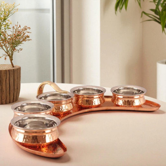 Pure Copper Maharaja Style Full Moon Tray Plate with Serving Sauce Pots