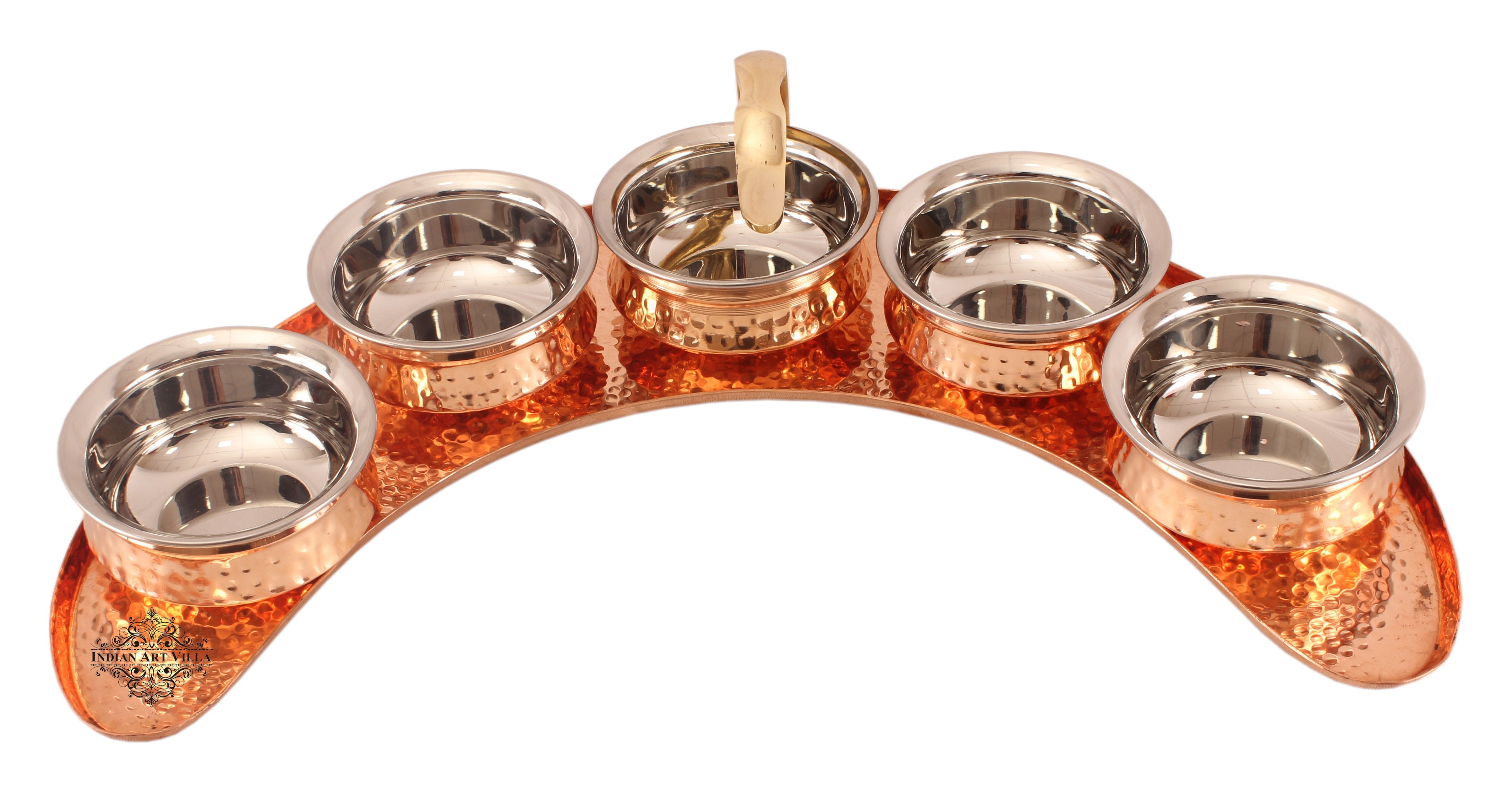 Pure Copper Maharaja Style Full Moon Tray Plate with Serving Sauce Pots