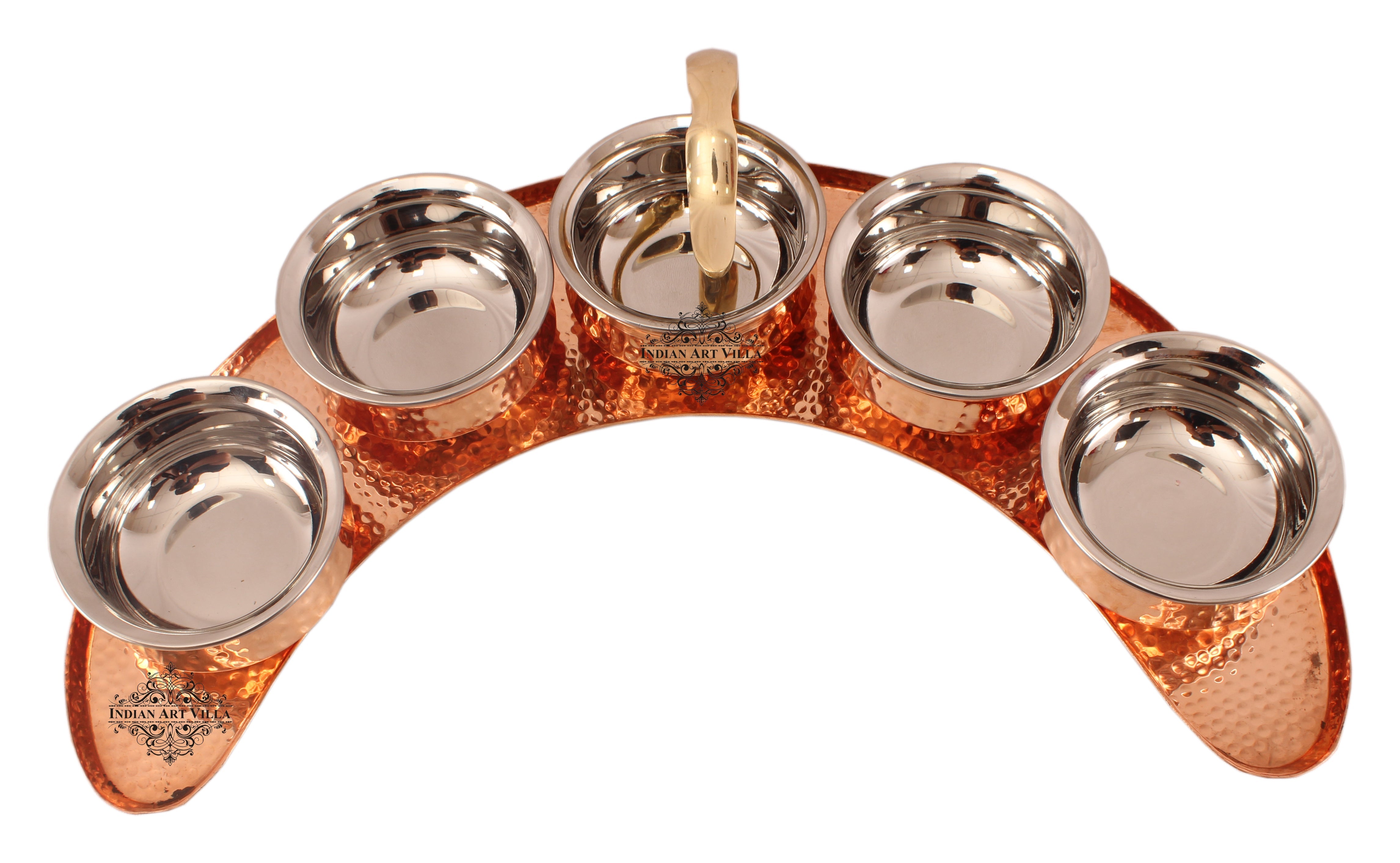 Pure Copper Maharaja Style Full Moon Tray Plate with Serving Sauce Pots