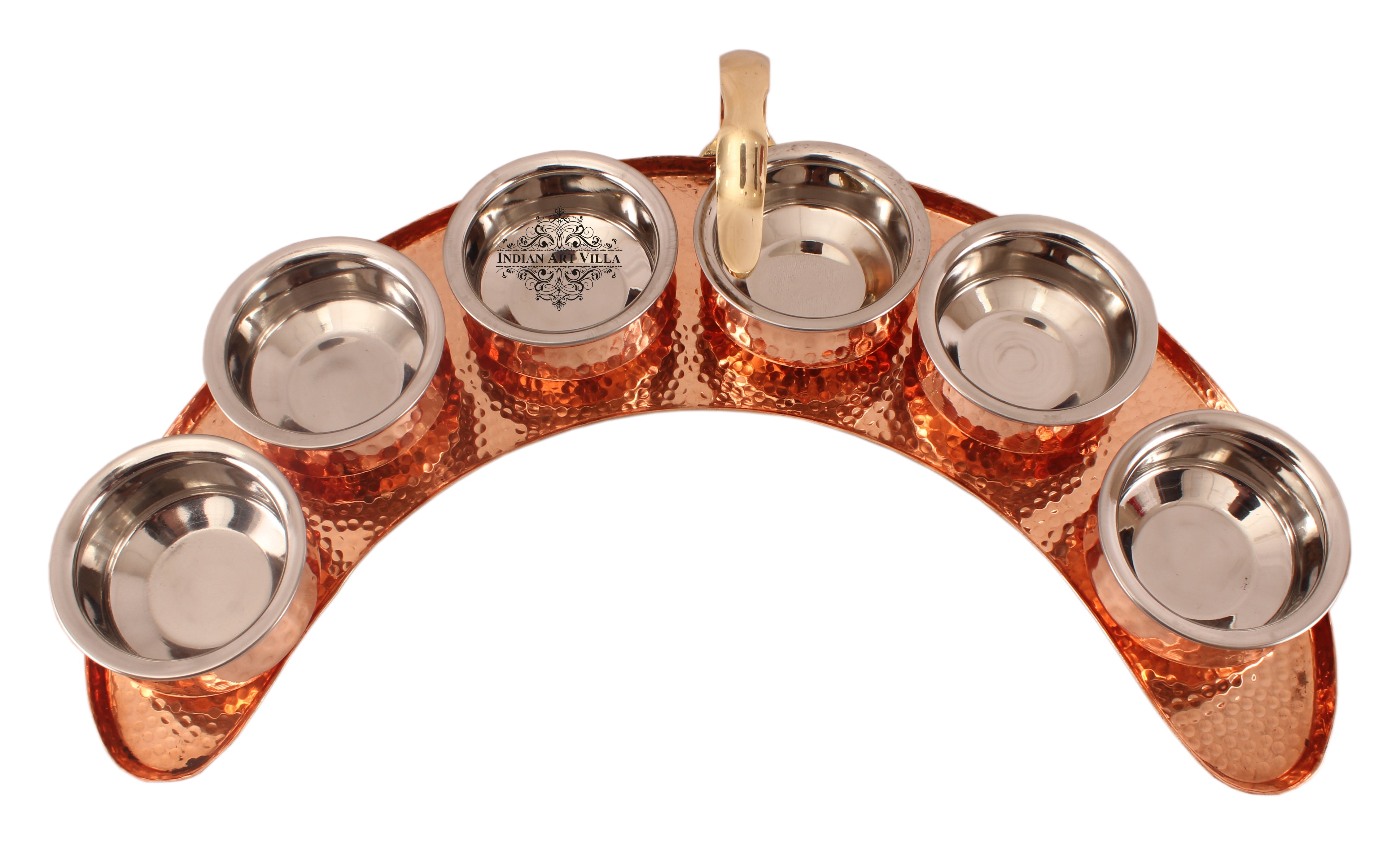 Pure Copper Maharaja Style Full Moon Tray Plate with Serving Sauce Pots