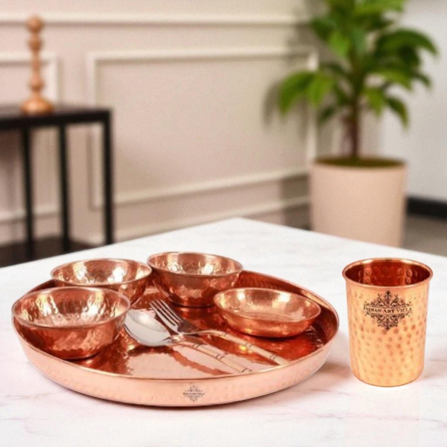 Handcrafted Pure Copper Hammered Design 8 Pieces Dinner Set
