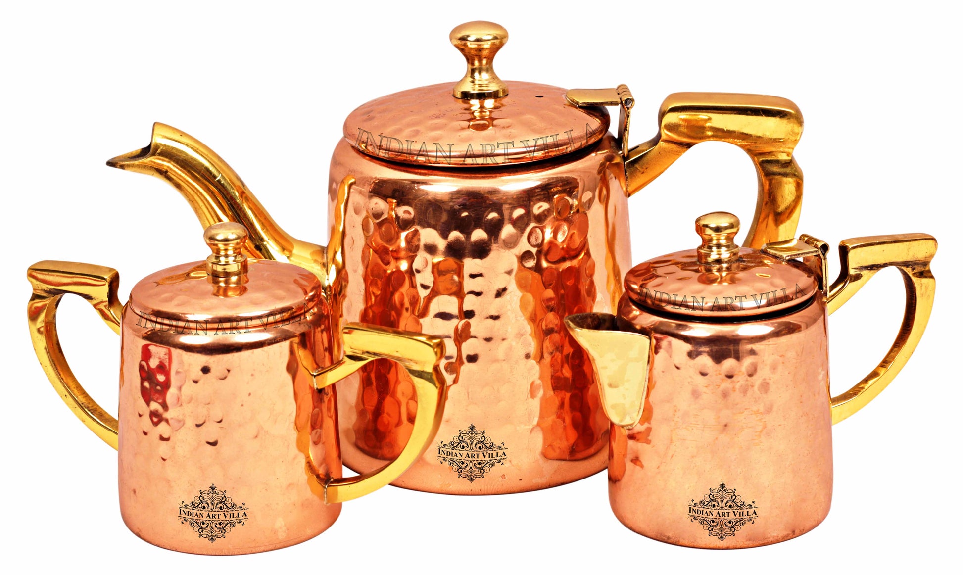 Indian Art Villa, Steel Copper Hammered Milk, Tea & Sugar Pot Set with Inside Tin Lining, Tableware