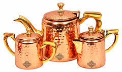 Indian Art Villa, Steel Copper Hammered Milk, Tea & Sugar Pot Set with Inside Tin Lining, Tableware