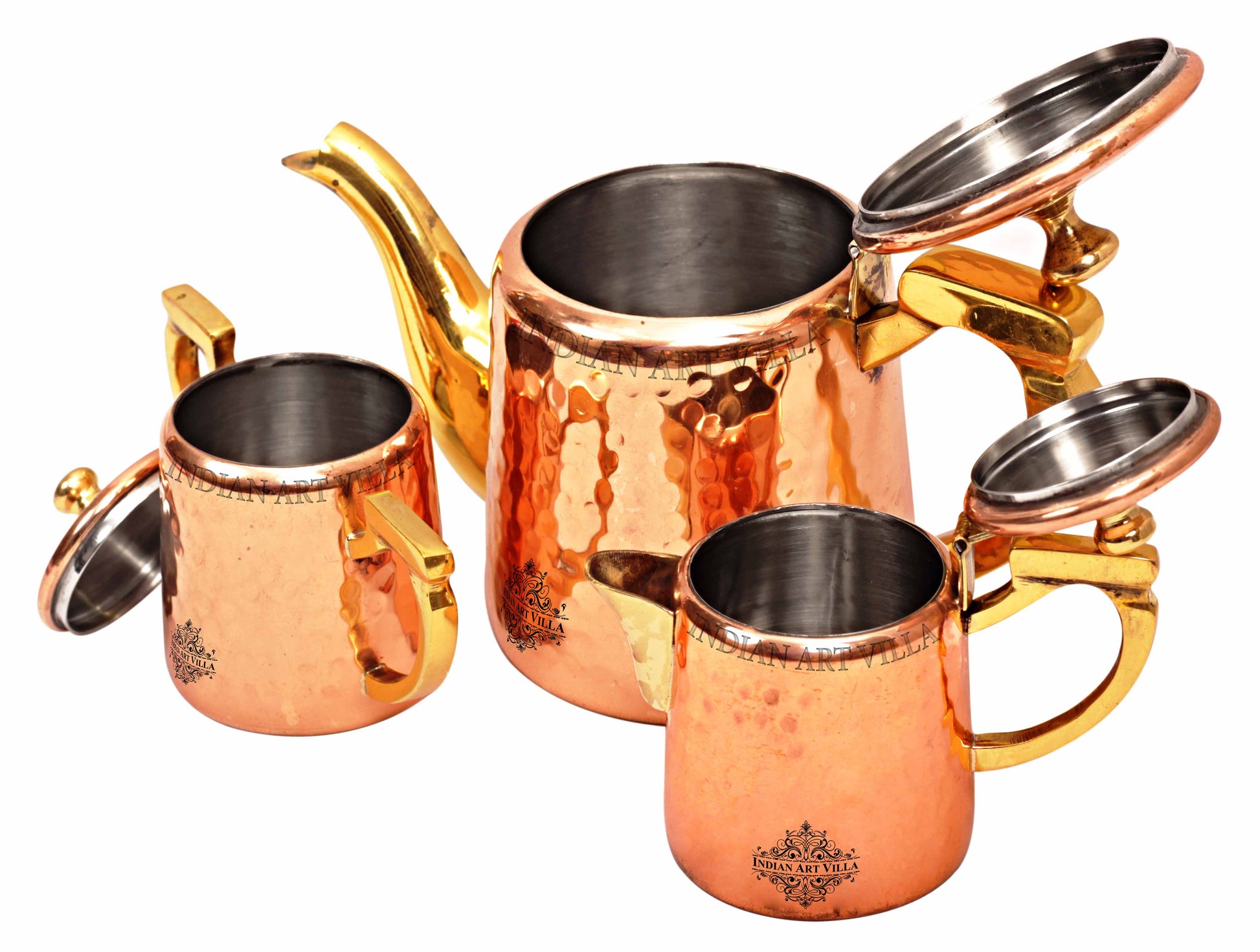 Indian Art Villa, Steel Copper Hammered Milk, Tea & Sugar Pot Set with Inside Tin Lining, Tableware